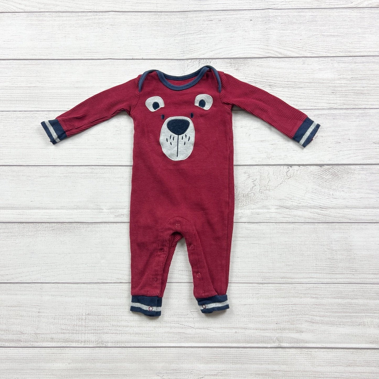 Petit Lem Baby Boy Waffle Knit Romper Bear Face One Piece “Beary Cool” 6 Months
