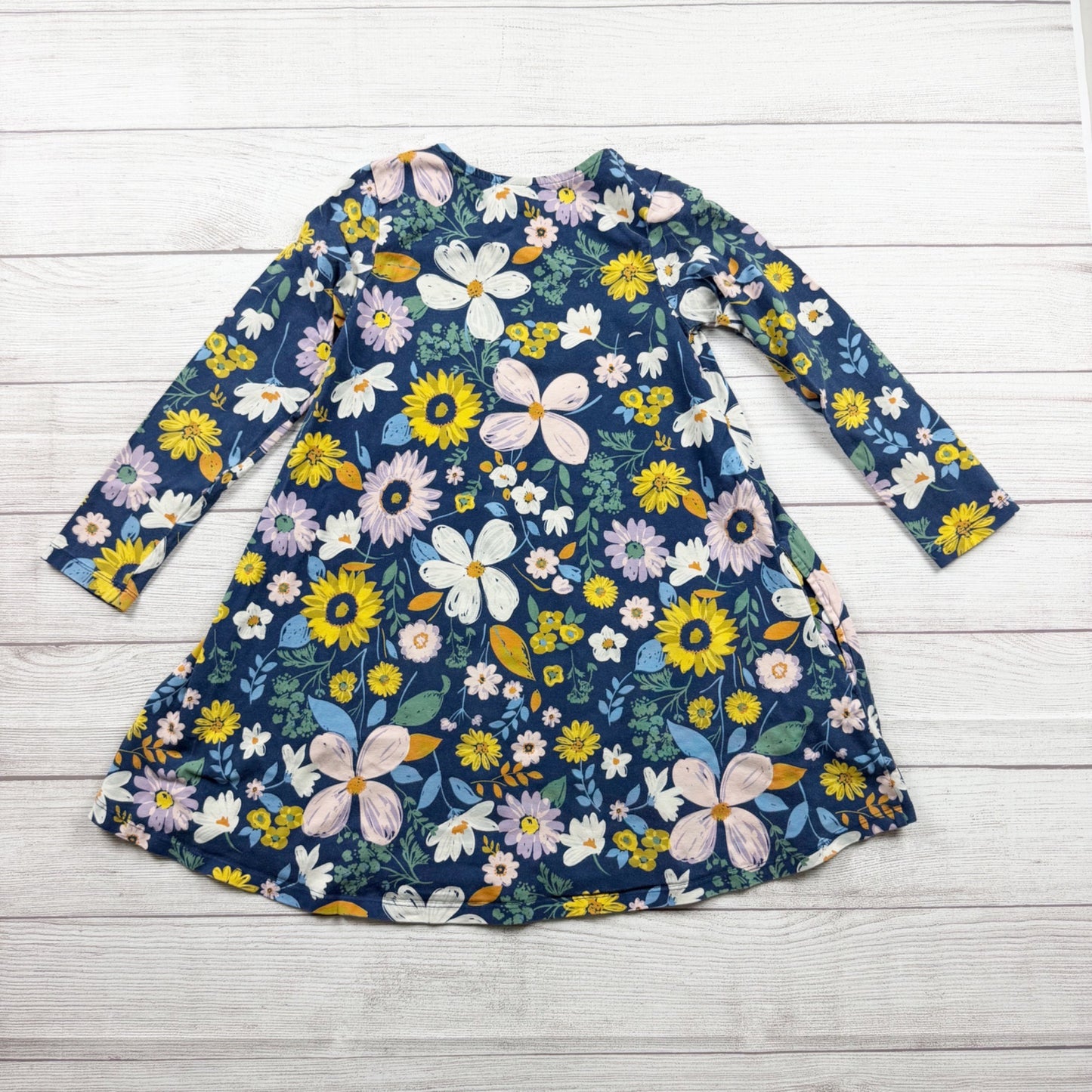 Hanna Andersson Girls Blue Floral Print Long Sleeve Pocket Dress 8
