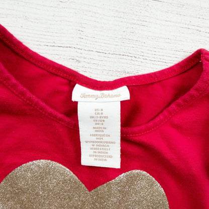 Tommy Bahama Girls Gold Glitter Heart Long Sleeve Shirt Cotton Blend Red 8