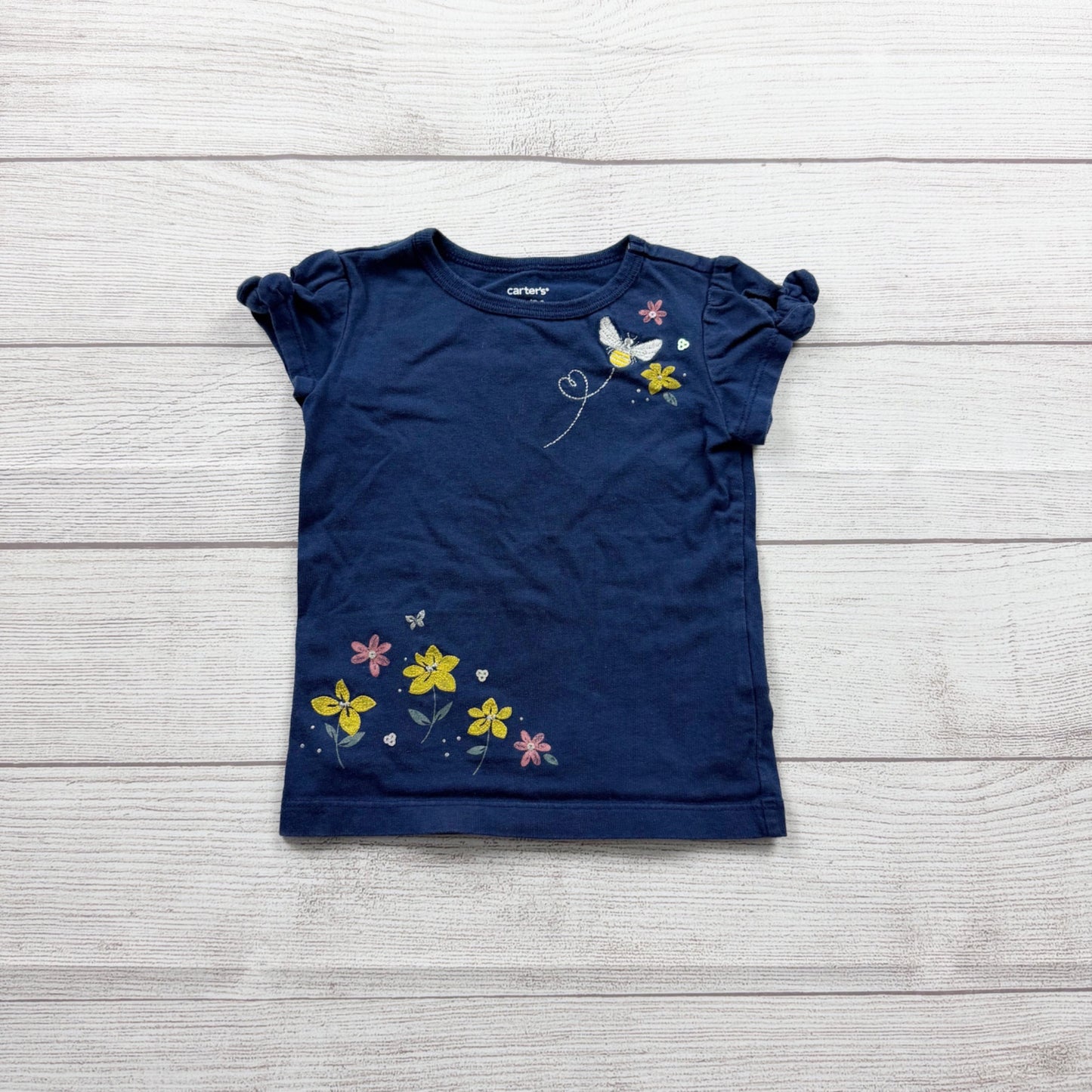 Carters’s Toddler Girls Navy Blue T-Shirt Floral Butterfly Embroidered 2T
