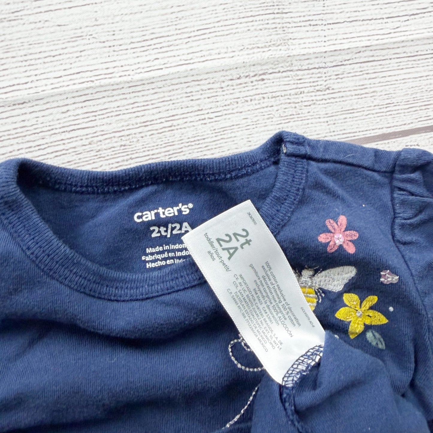 Carters’s Toddler Girls Navy Blue T-Shirt Floral Butterfly Embroidered 2T