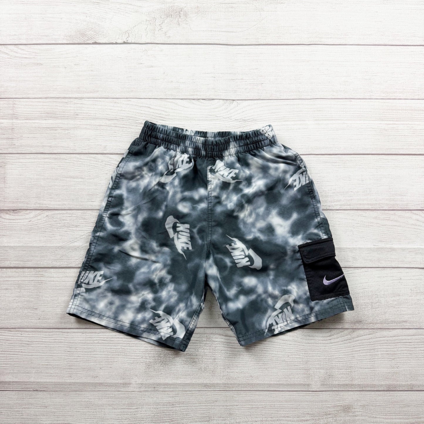 Nike Boys Swim Shorts Gray Tie Dye Elastic Waist Logo Mesh Lining M 10-12