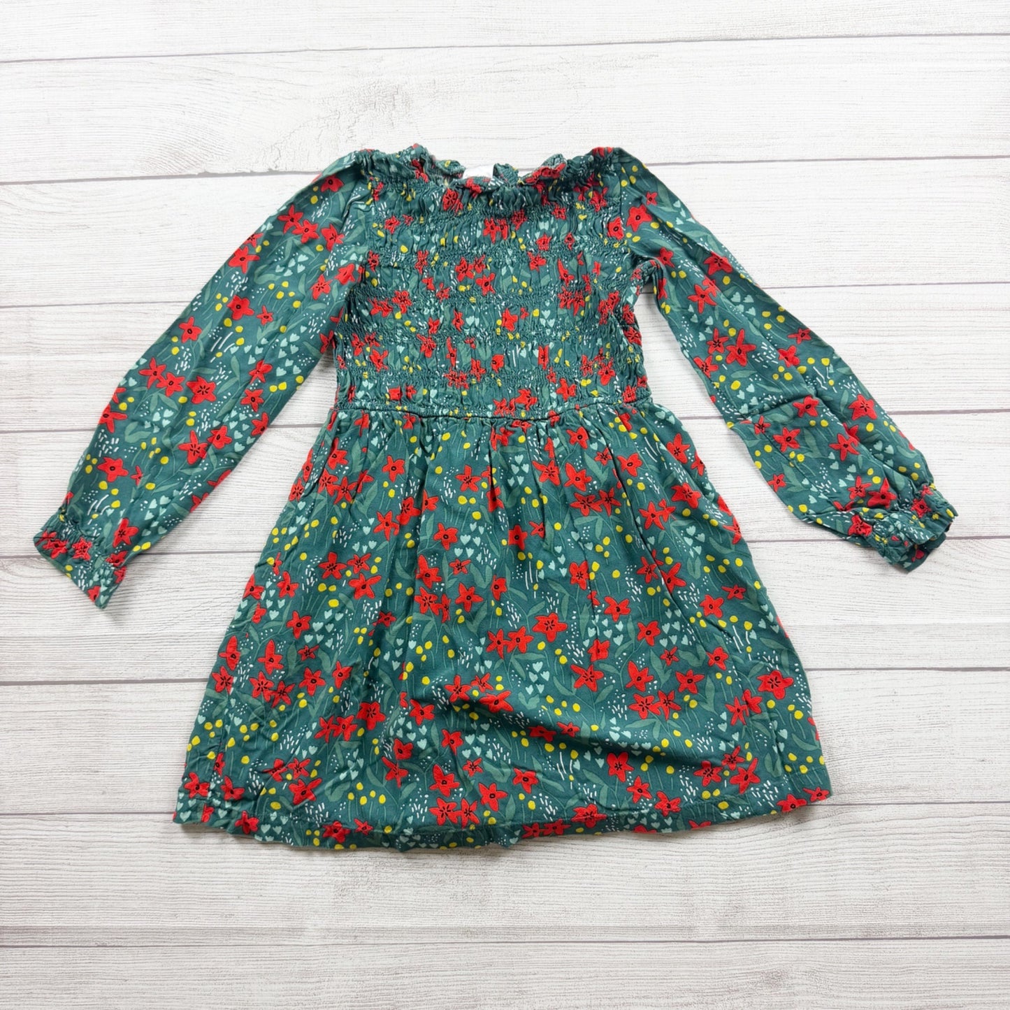 Hanna Andersson Girls Floral Long Sleeve Smocked Dress Green Red Print 8