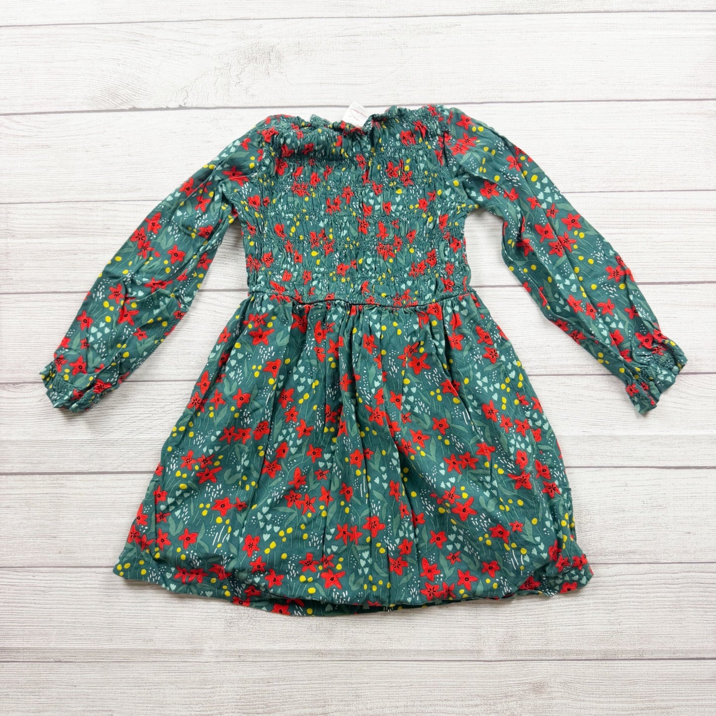 Hanna Andersson Girls Floral Long Sleeve Smocked Dress Green Red Print 8