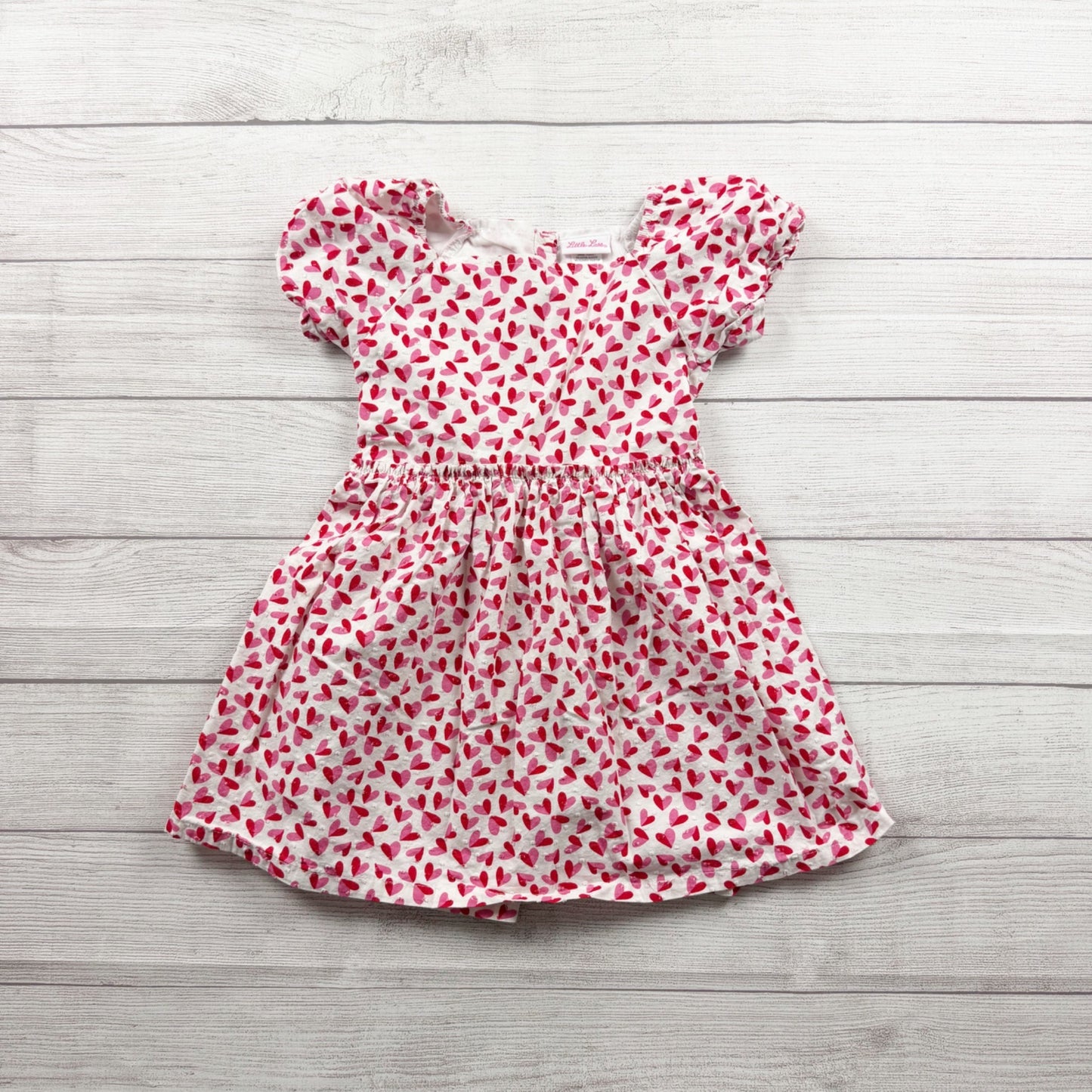 Little Lass Girls Dress White Pink Red Heart Print Puff Sleeve Fit Flare 6