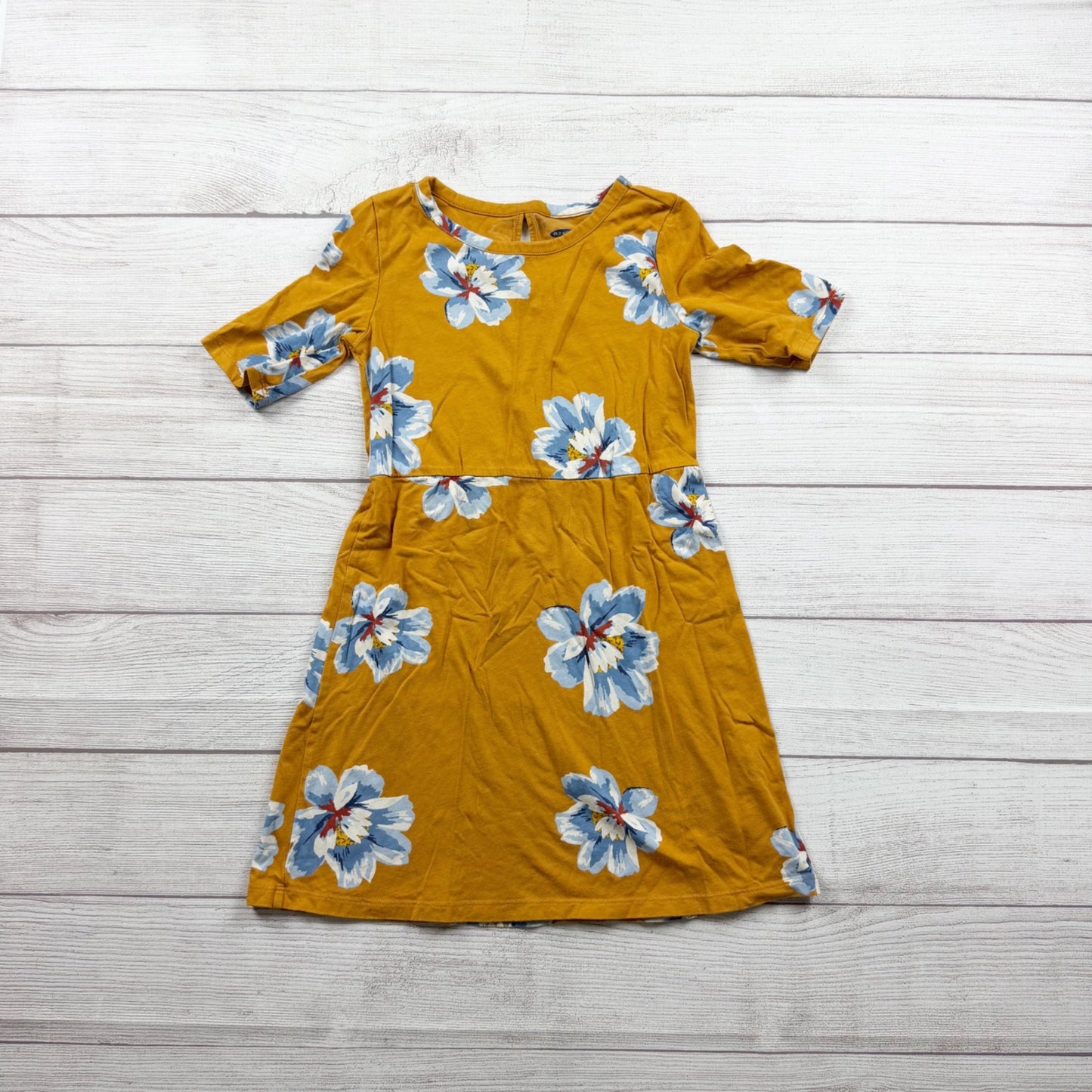Old Navy Girls Floral Mustard Yellow Dress Blue Flowers Small 6-7