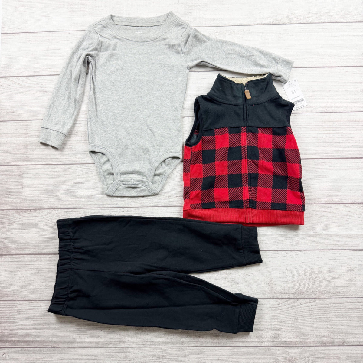 Carter's Baby Buffalo Plaid Outfit 3PC Red Black Sherpa Vest NWT 18-24 Months