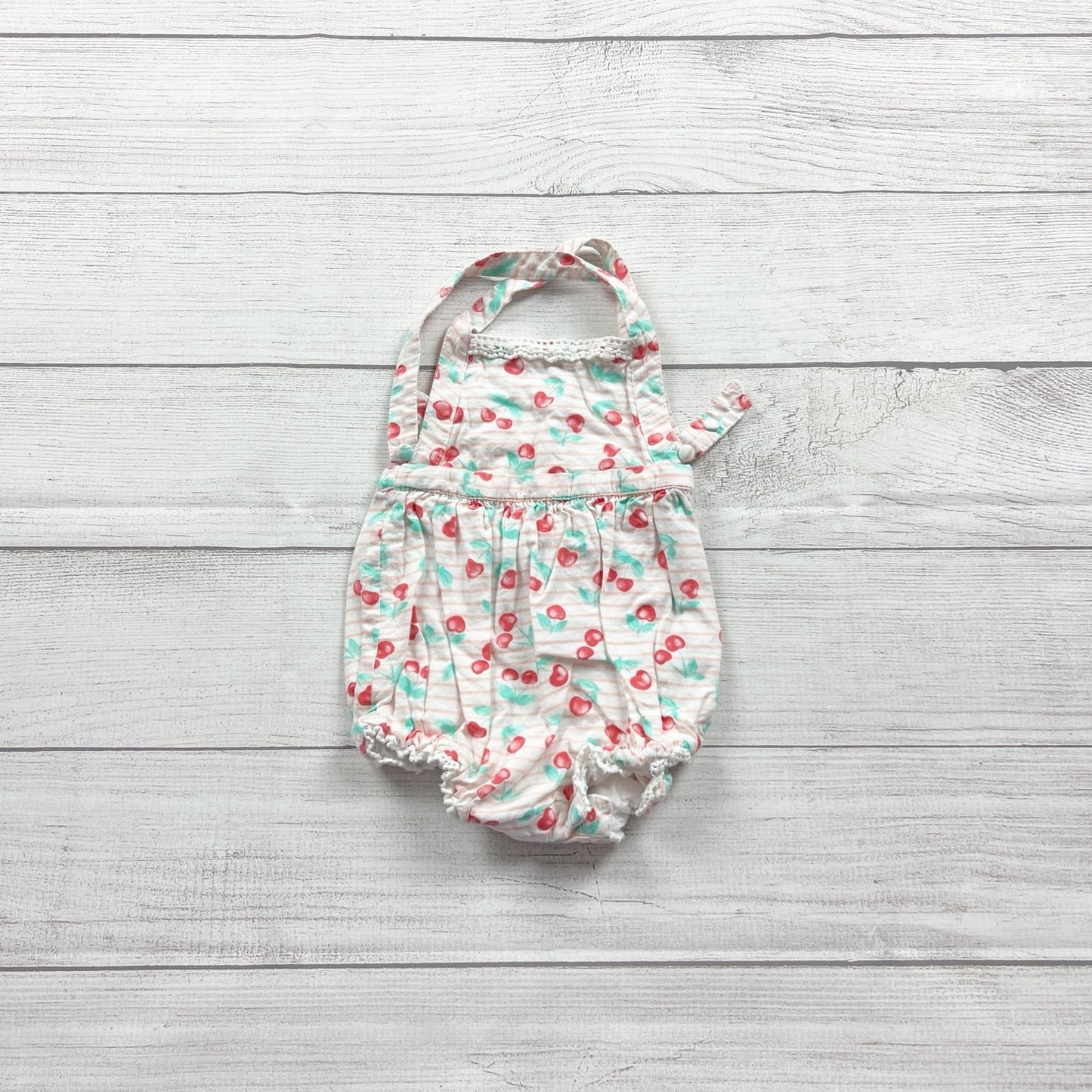 Piper & Posie Baby Girl Cherry Print Bubble Romper Halter One Piece 3-6 Months