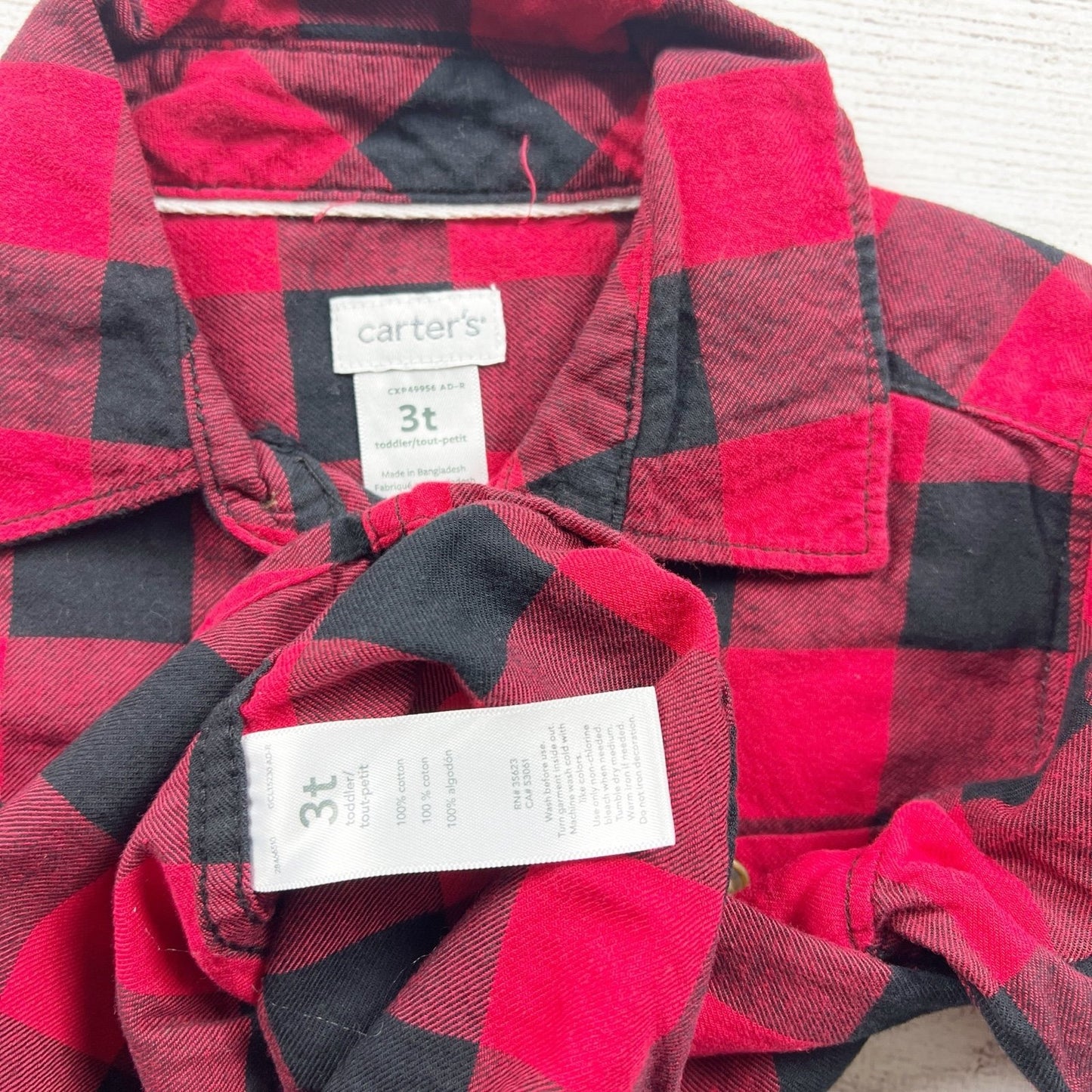 Carter's Toddler Boys Red Black Buffalo Plaid Button Down Flannel Shirt 3T