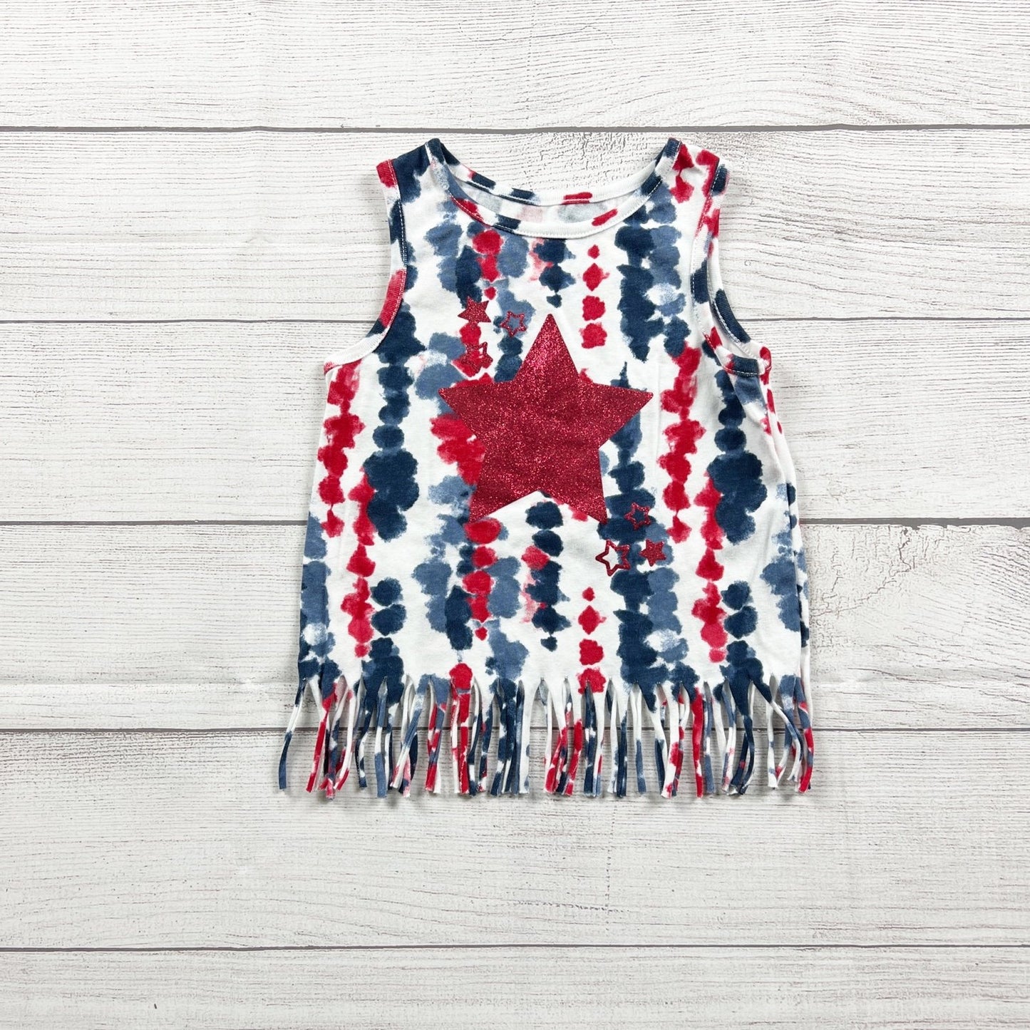 Celebrate Girl Patriotic Fringe Tank Top Red White Blue Tie Dye Star Shirt 3T