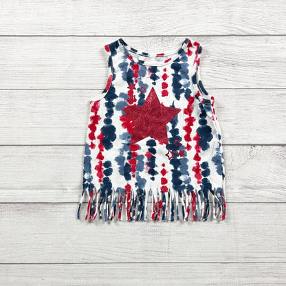 Celebrate Girl Patriotic Fringe Tank Top Red White Blue Tie Dye Star Shirt 3T
