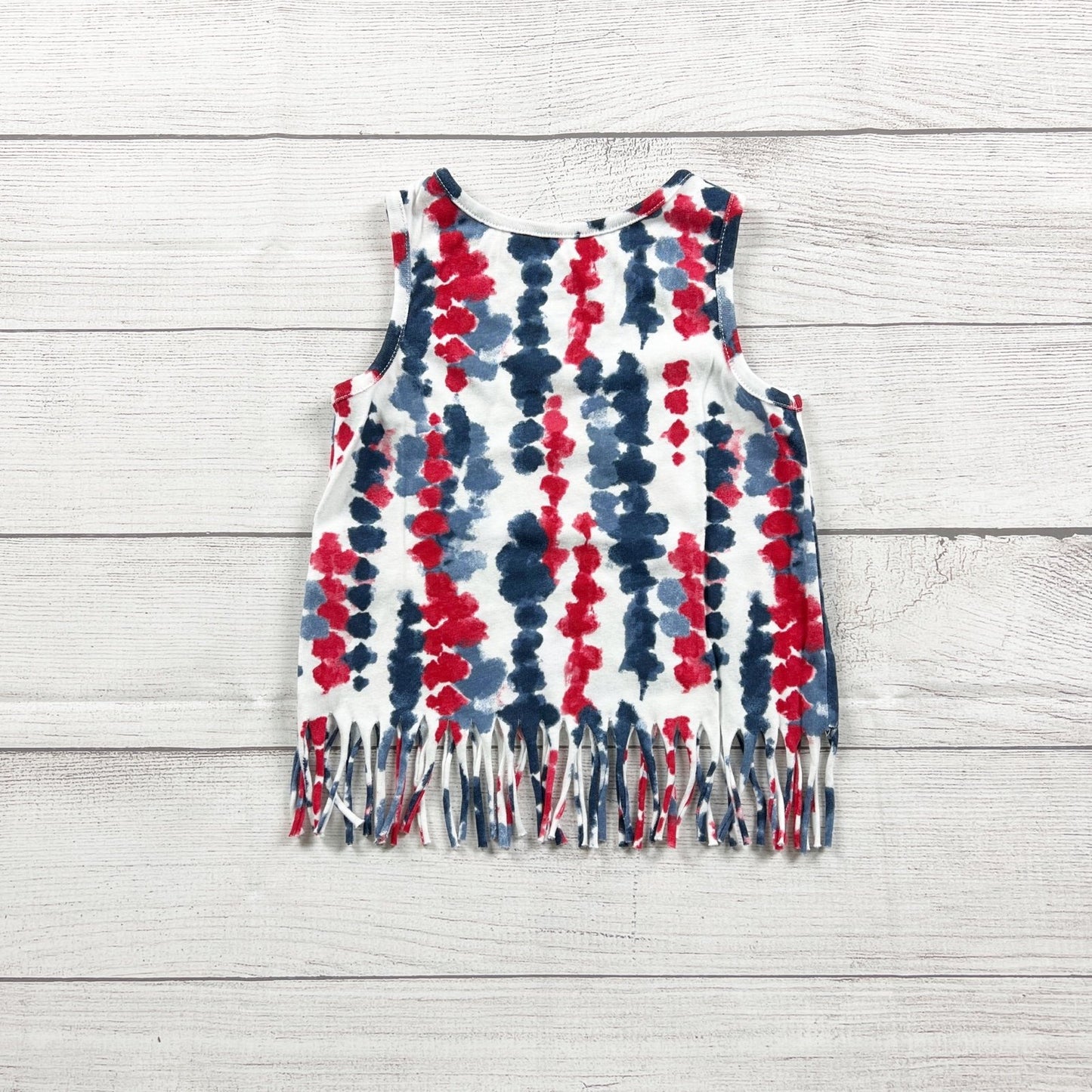 Celebrate Girl Patriotic Fringe Tank Top Red White Blue Tie Dye Star Shirt 3T