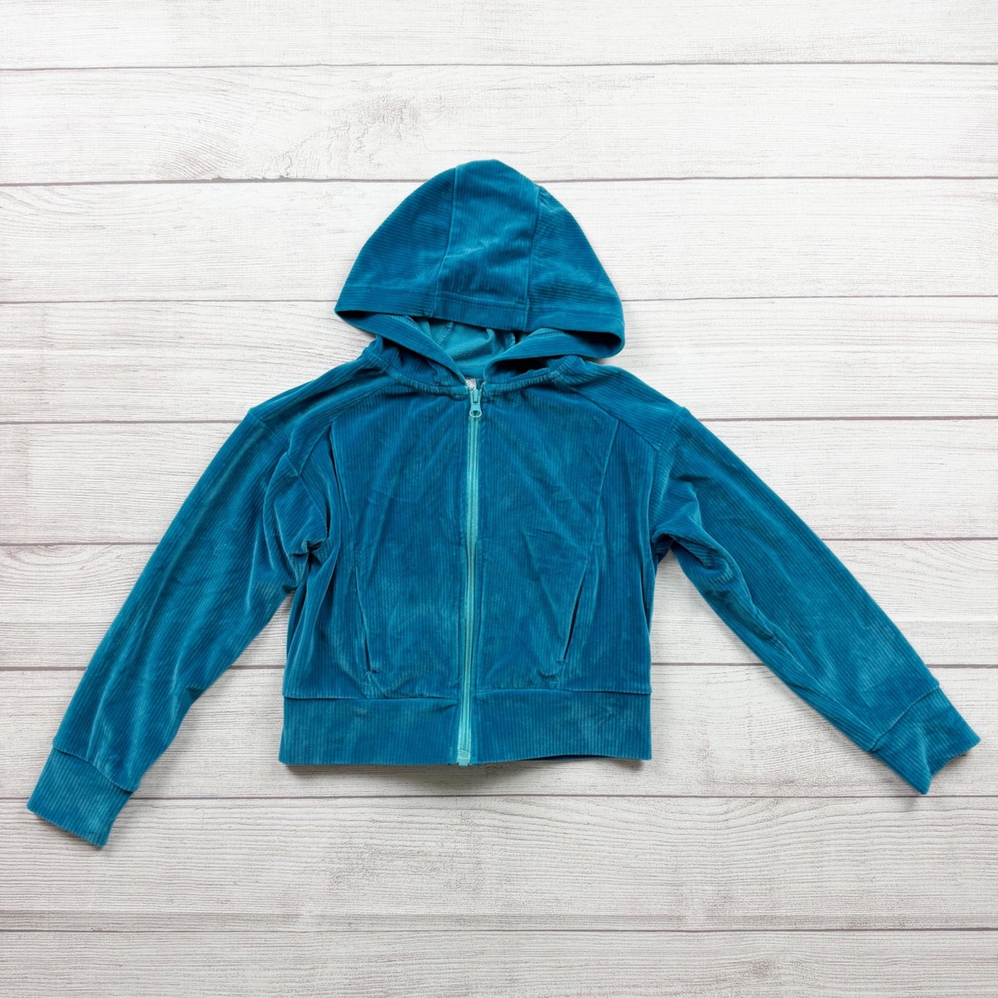 90 Degree Girls Rib Velour Castle Jacket Hooded Full Zip Blue Teal S 7-8
