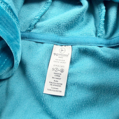 90 Degree Girls Rib Velour Castle Jacket Hooded Full Zip Blue Teal S 7-8
