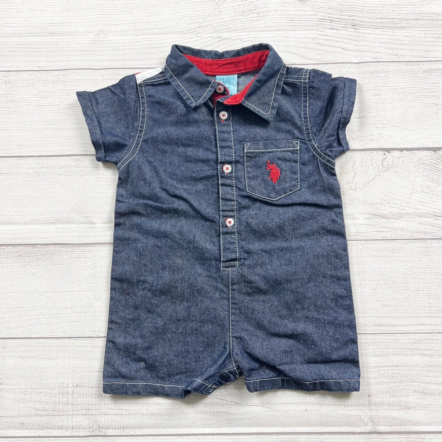 U.S. Polo Assn. Baby Denim Romper Chambray One Piece USA Flag Back 9-12 Months