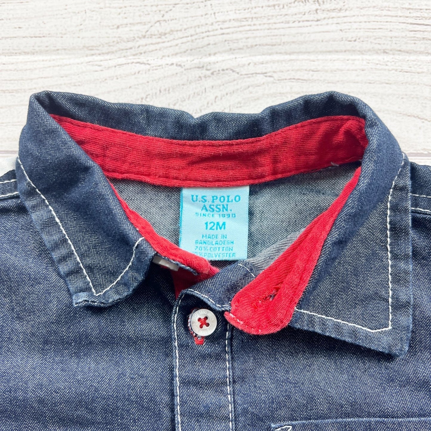 U.S. Polo Assn. Baby Denim Romper Chambray One Piece USA Flag Back 9-12 Months