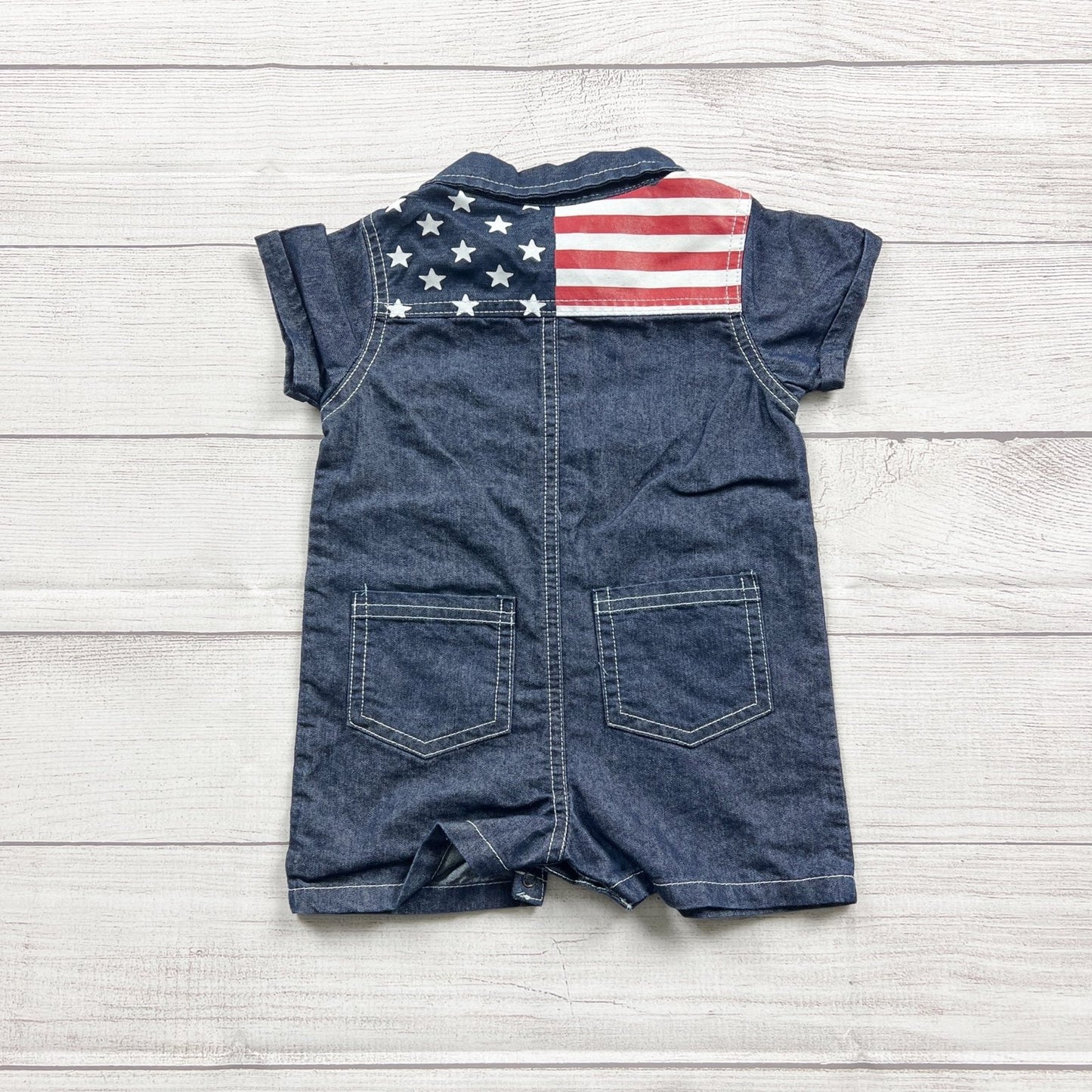 U.S. Polo Assn. Baby Denim Romper Chambray One Piece USA Flag Back 9-12 Months