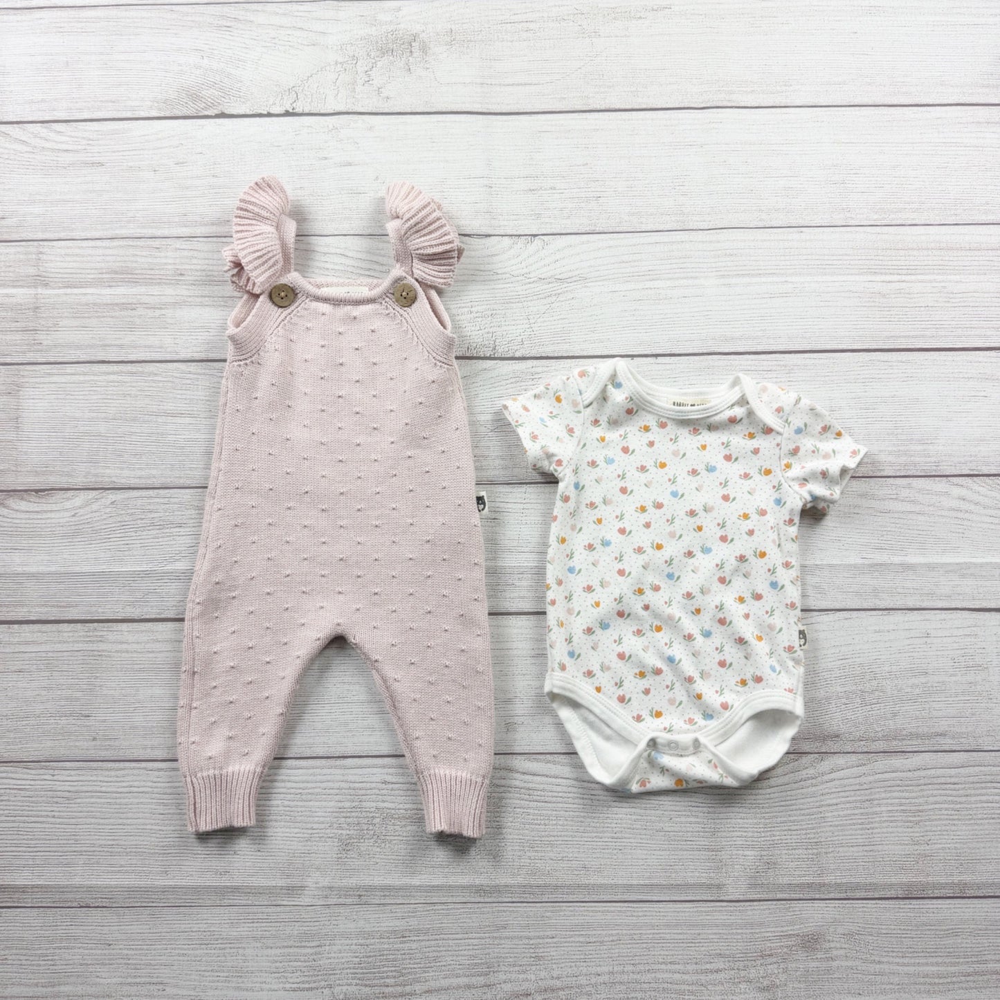 Rabbit + Bear Organic Baby Girl 2 Piece Outfit Set Knit Romper Floral 6-9 Months