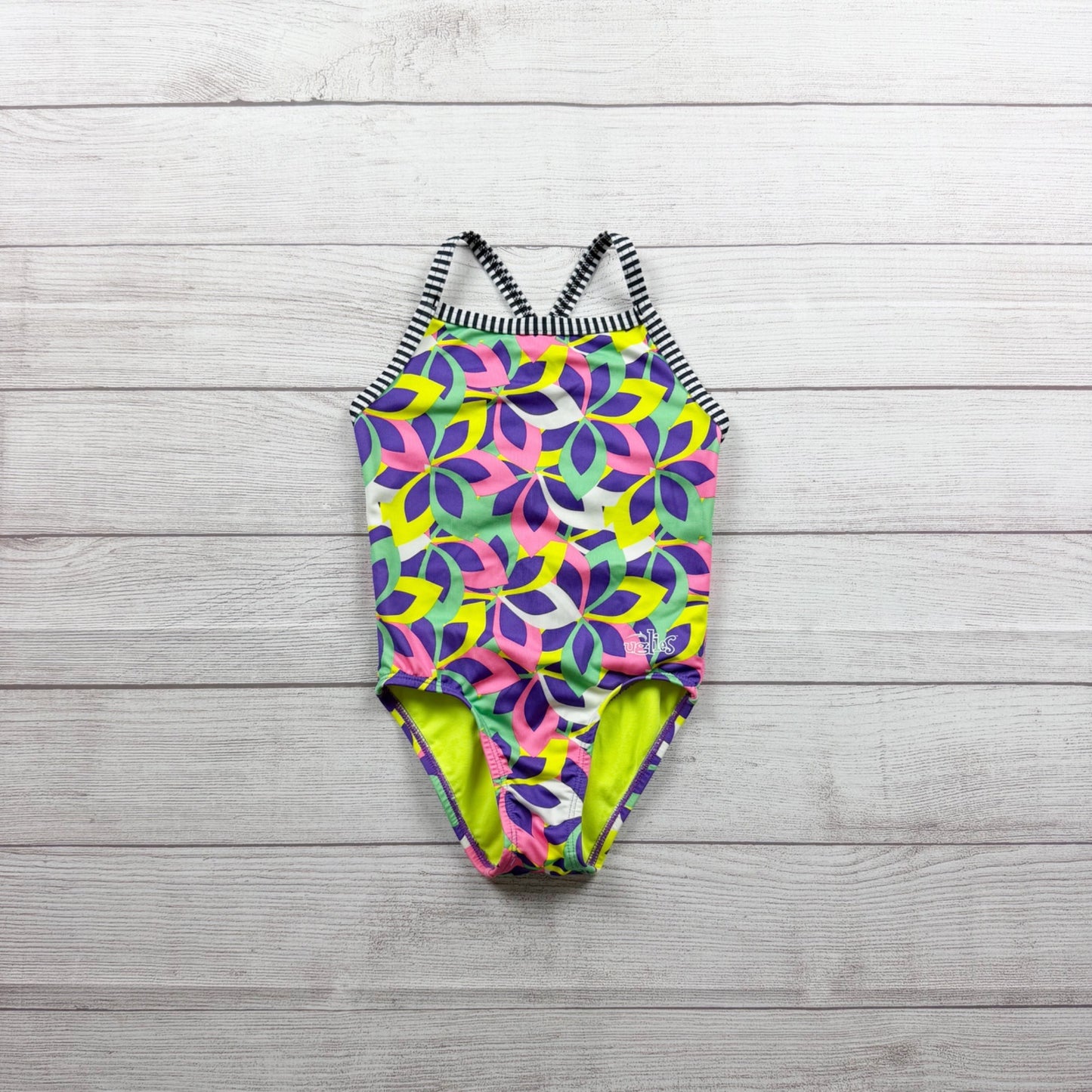 Dolfin Uglies Girls One Piece Floral Swimsuit Neon Striped Straps 8