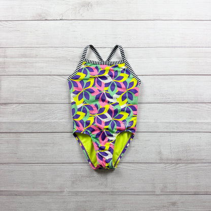 Dolfin Uglies Girls One Piece Floral Swimsuit Neon Striped Straps 8