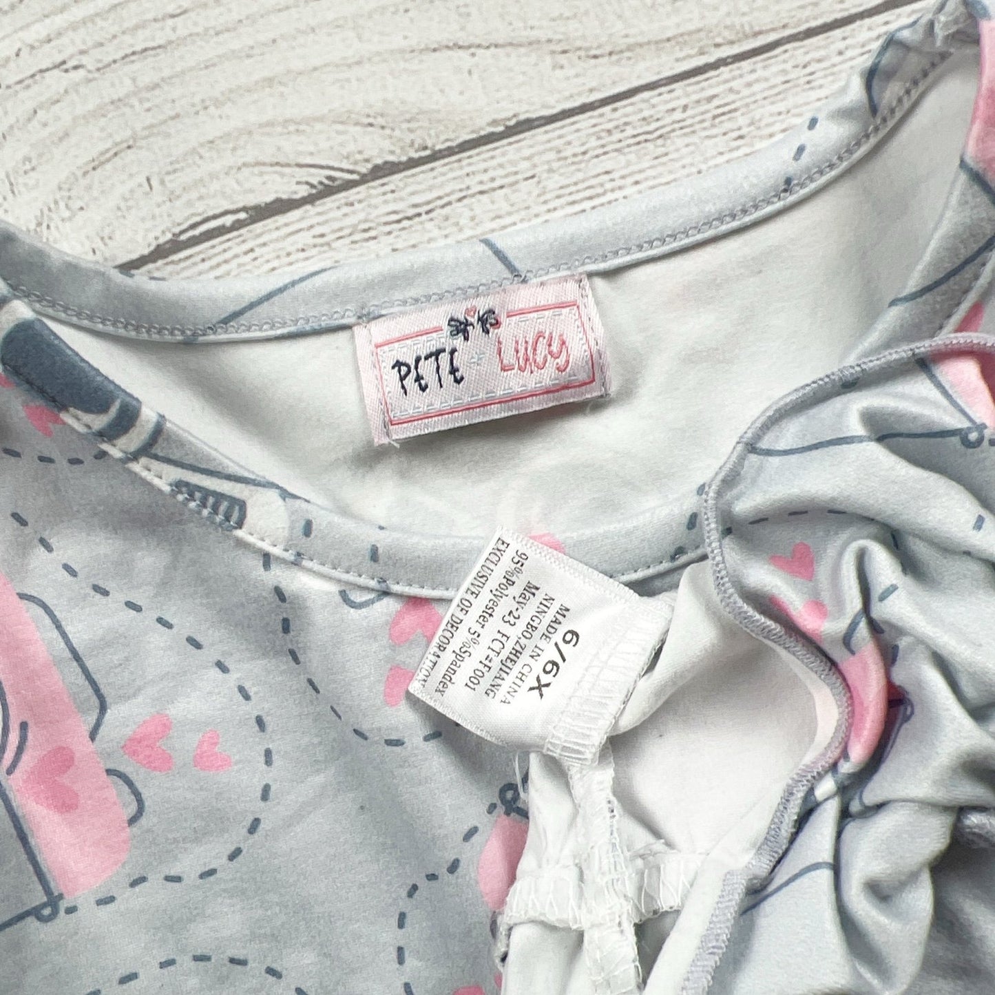 Pete + Lucy Girls Dress Gray Camera Print Long Sleeve Ruffle Hem 6