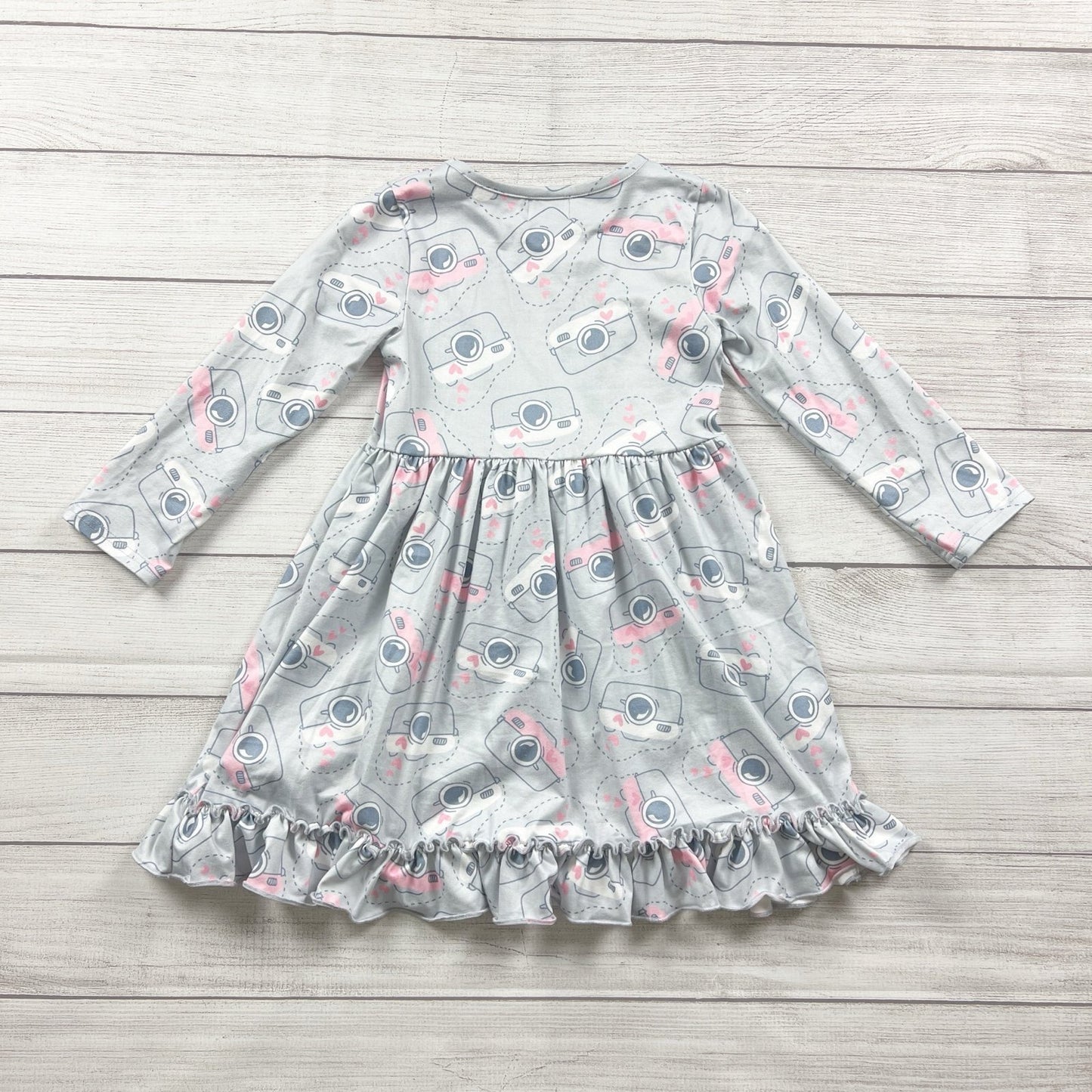 Pete + Lucy Girls Dress Gray Camera Print Long Sleeve Ruffle Hem 6