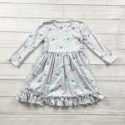 Pete + Lucy Girls Dress Gray Camera Print Long Sleeve Ruffle Hem 6