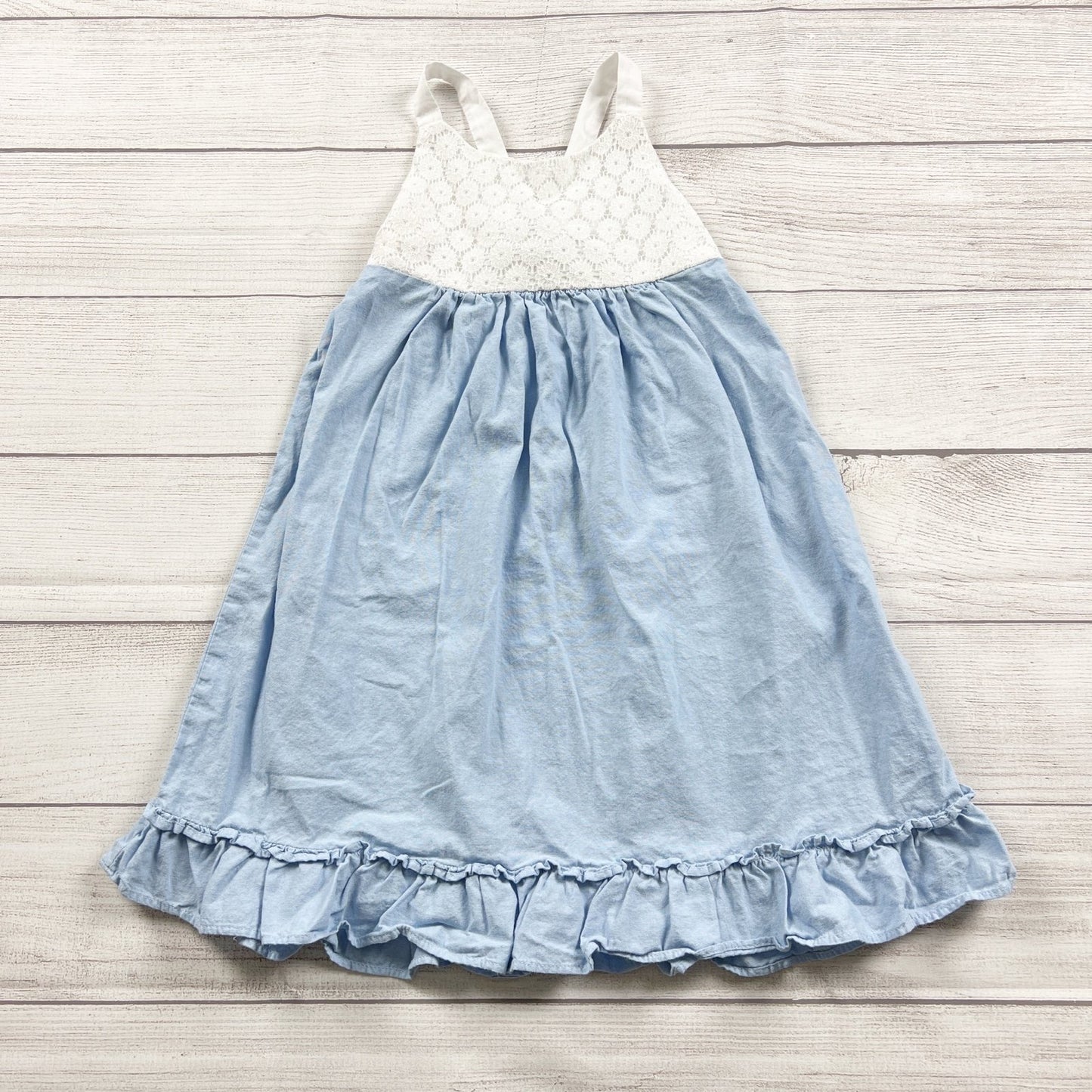Penelope Mack Blue White Girls Sleeveless Ruffle Hem Lace Overlay Dress 6