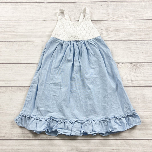 Penelope Mack Blue White Girls Sleeveless Ruffle Hem Lace Overlay Dress 6