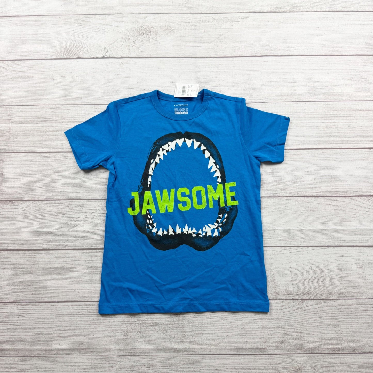 Crewcuts Boys Glow-In-The-Dark Jawsome Graphic Tee Blue Short Sleeve NWT 6-7