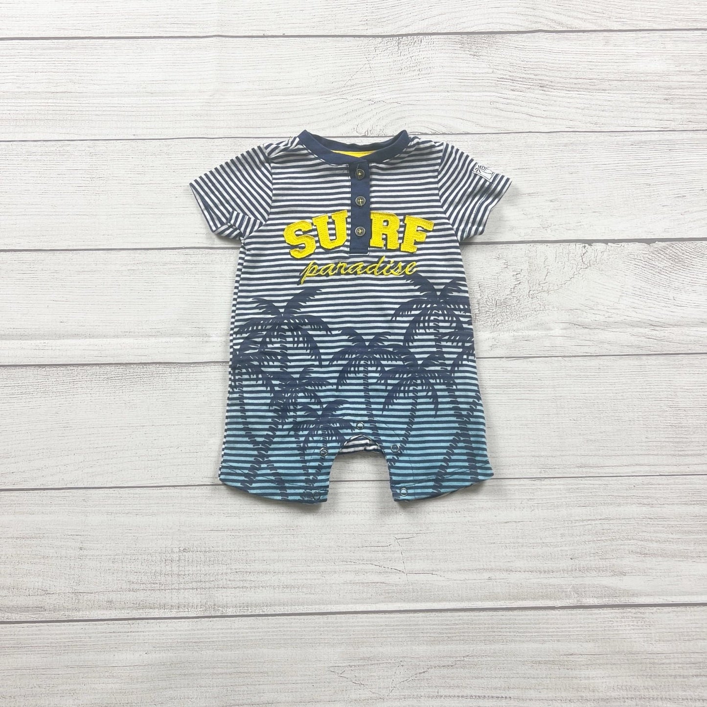 Petit Lem Baby Boy Romper Striped “Surf Paradise” One Piece 3 Months