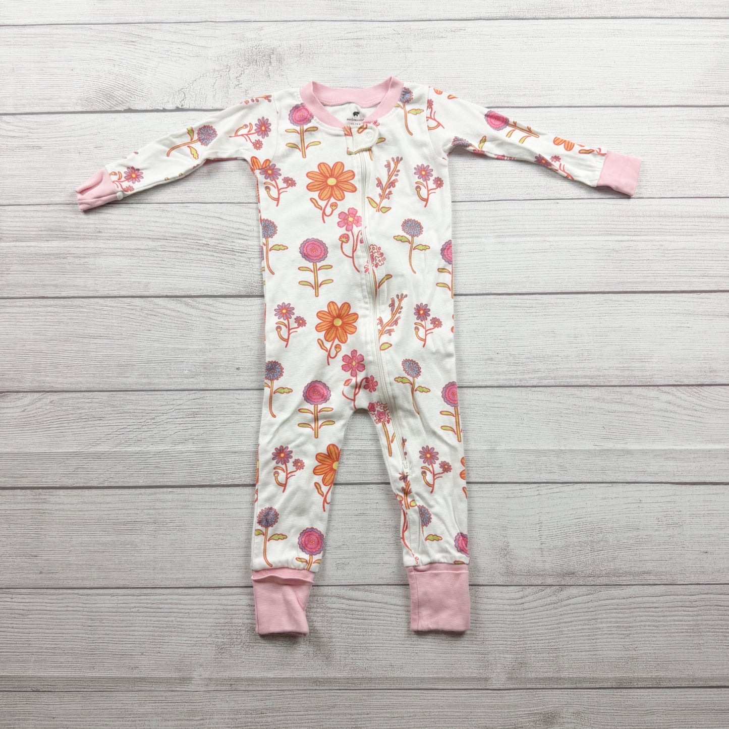 Monica + Andy Floral Print Cotton Zip Up Pajamas Girls White Pink 12-18 Months