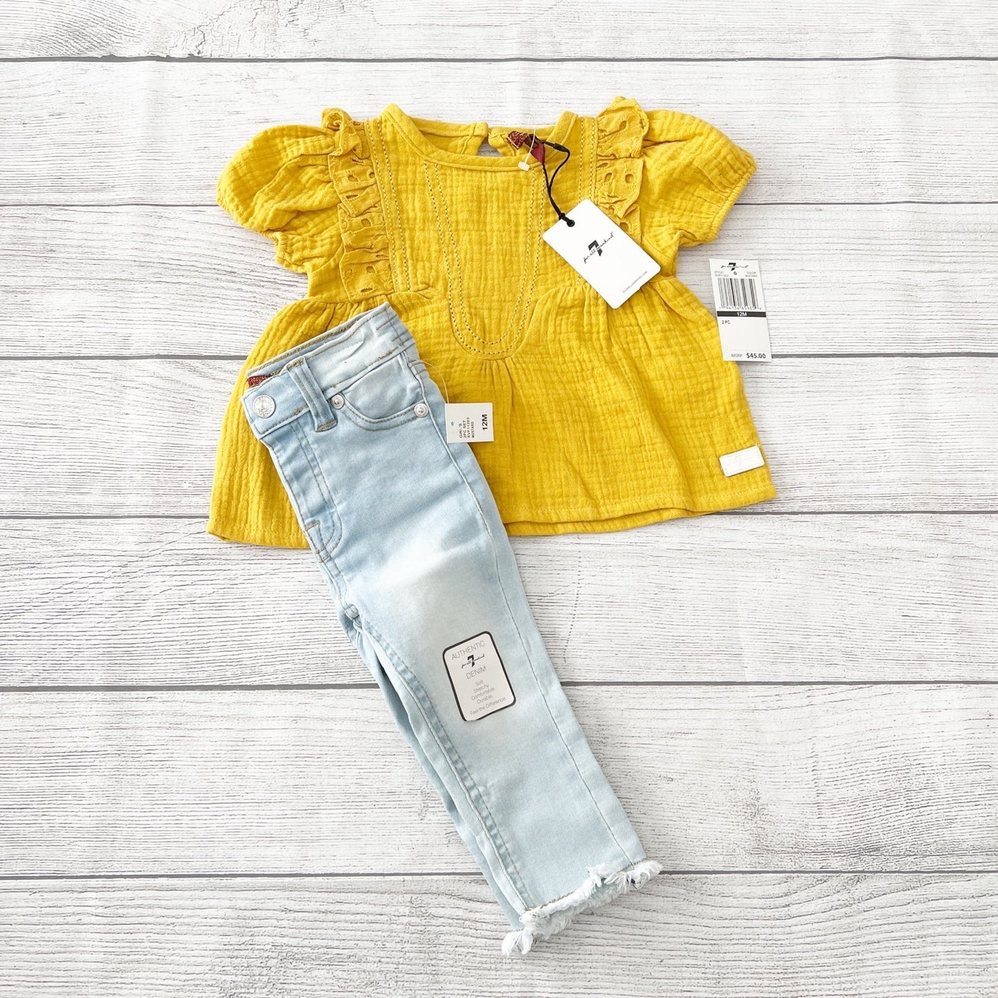 7 For All Mankind 7Fam Baby Girls 2 Piece Set Top Denim Jeans NWT 9-12 Months