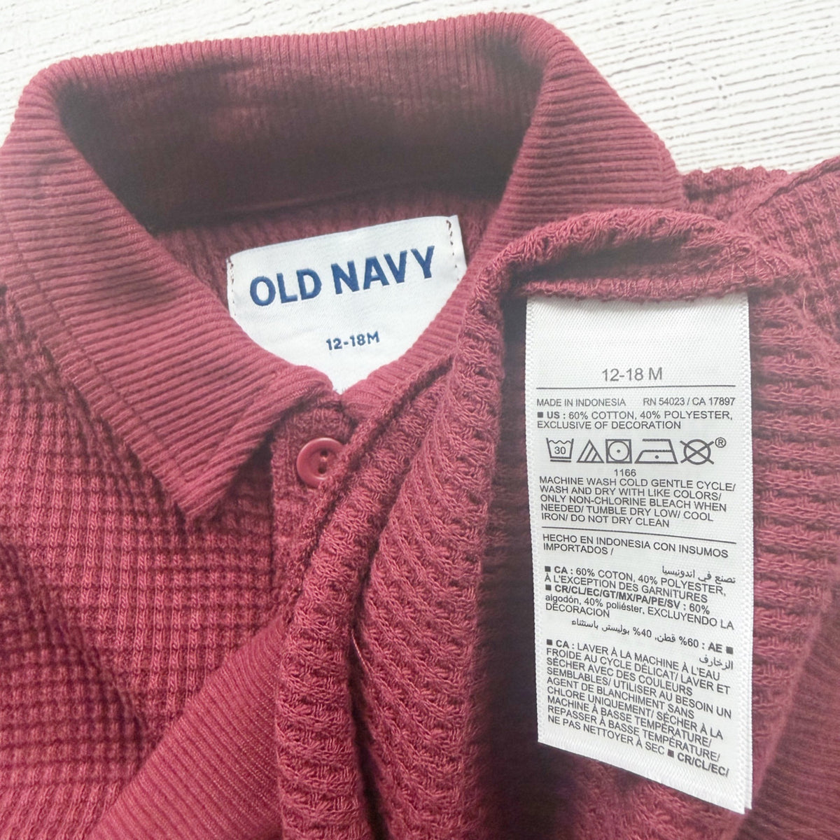 Old Navy Baby Boy Maroon Waffle Knit Polo Front Pocket NWT 12-18 Months