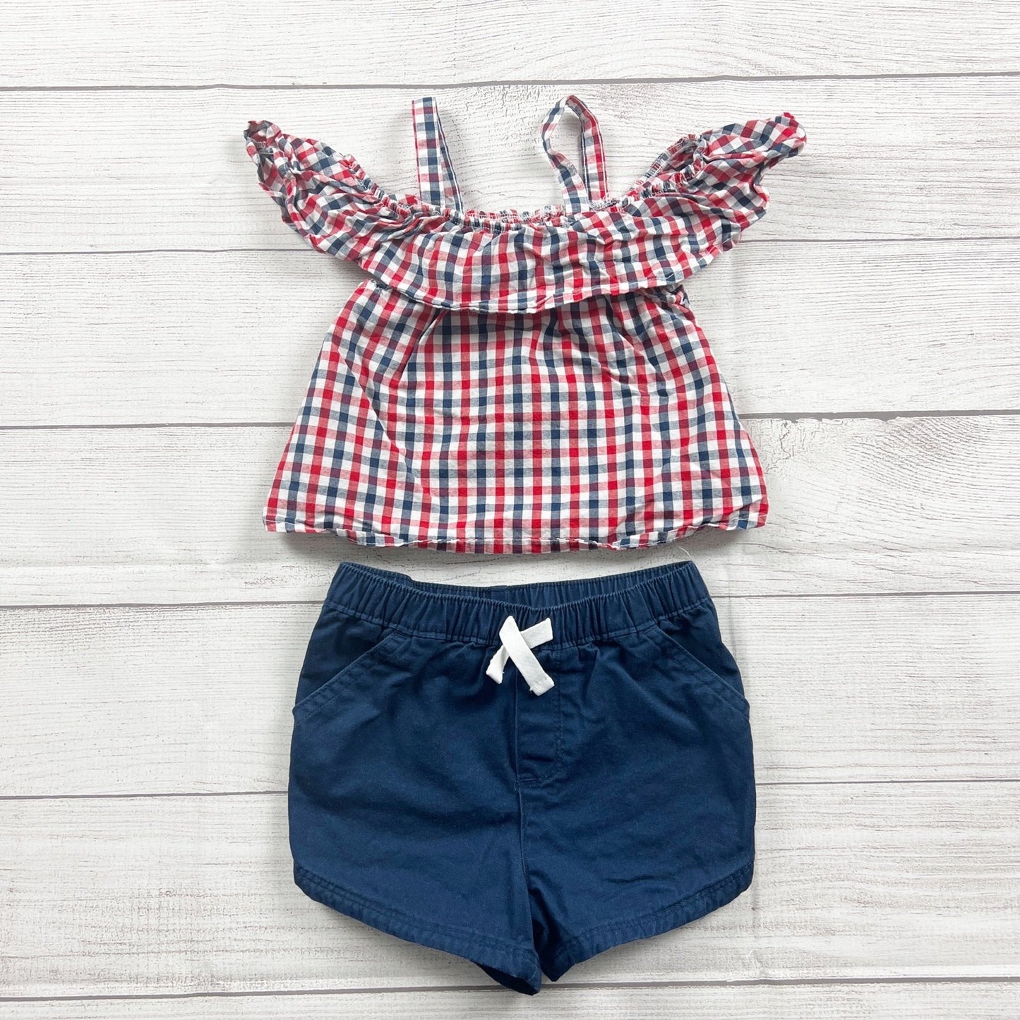 Celebrate Kids Outfit Set Red Gingham Ruffle Top Navy Shorts Two-Piece Set 3T