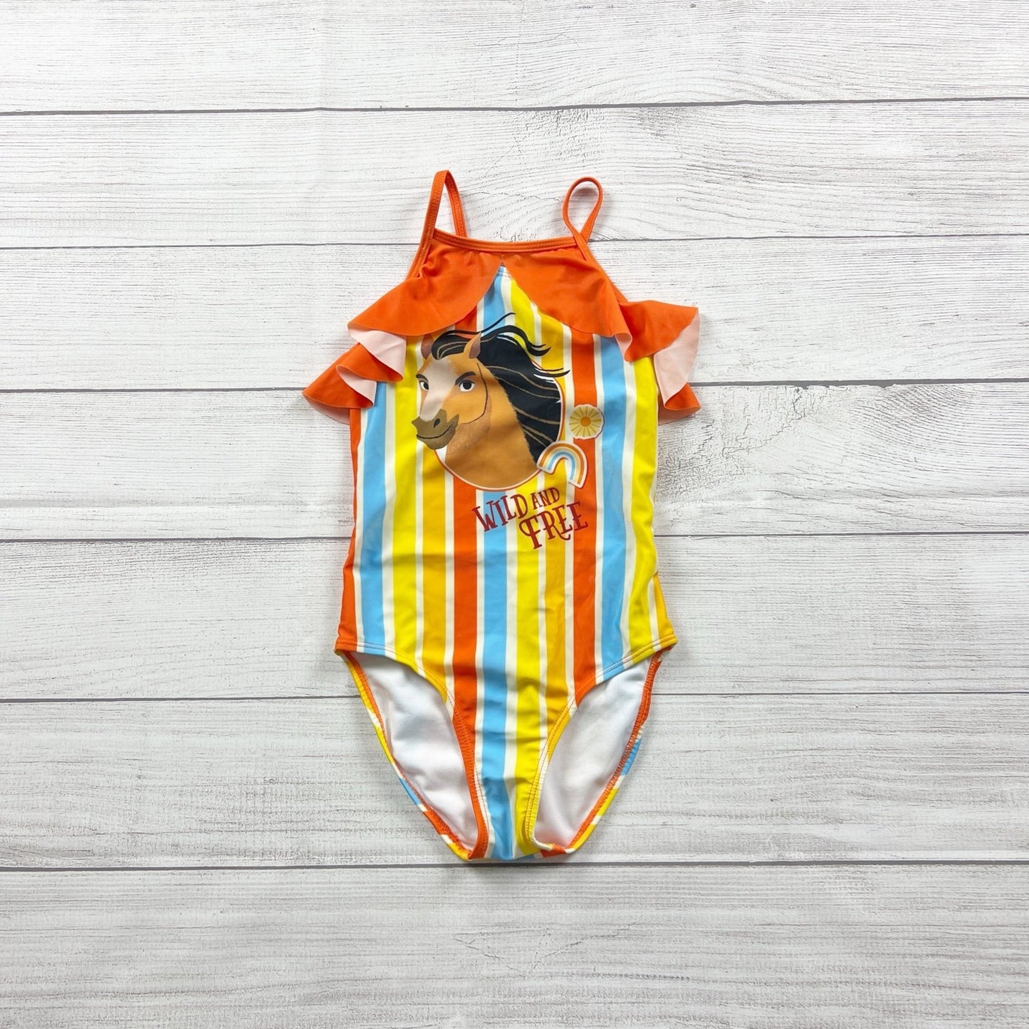 DreamWorks Spirit Riding Free Girls One Piece Swimsuit Rainbow Stripe Ruffle S