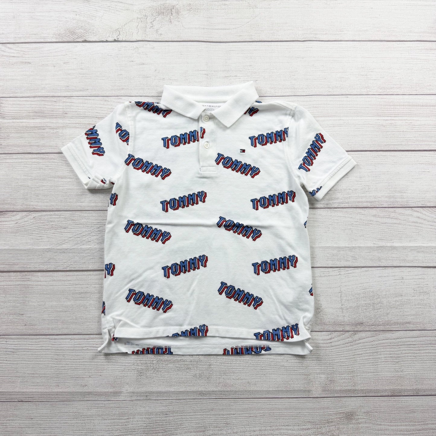 Tommy Hilfiger Boys Polo Shirt Allover “Tommy” Logo Print Short Sleeve M 8-10