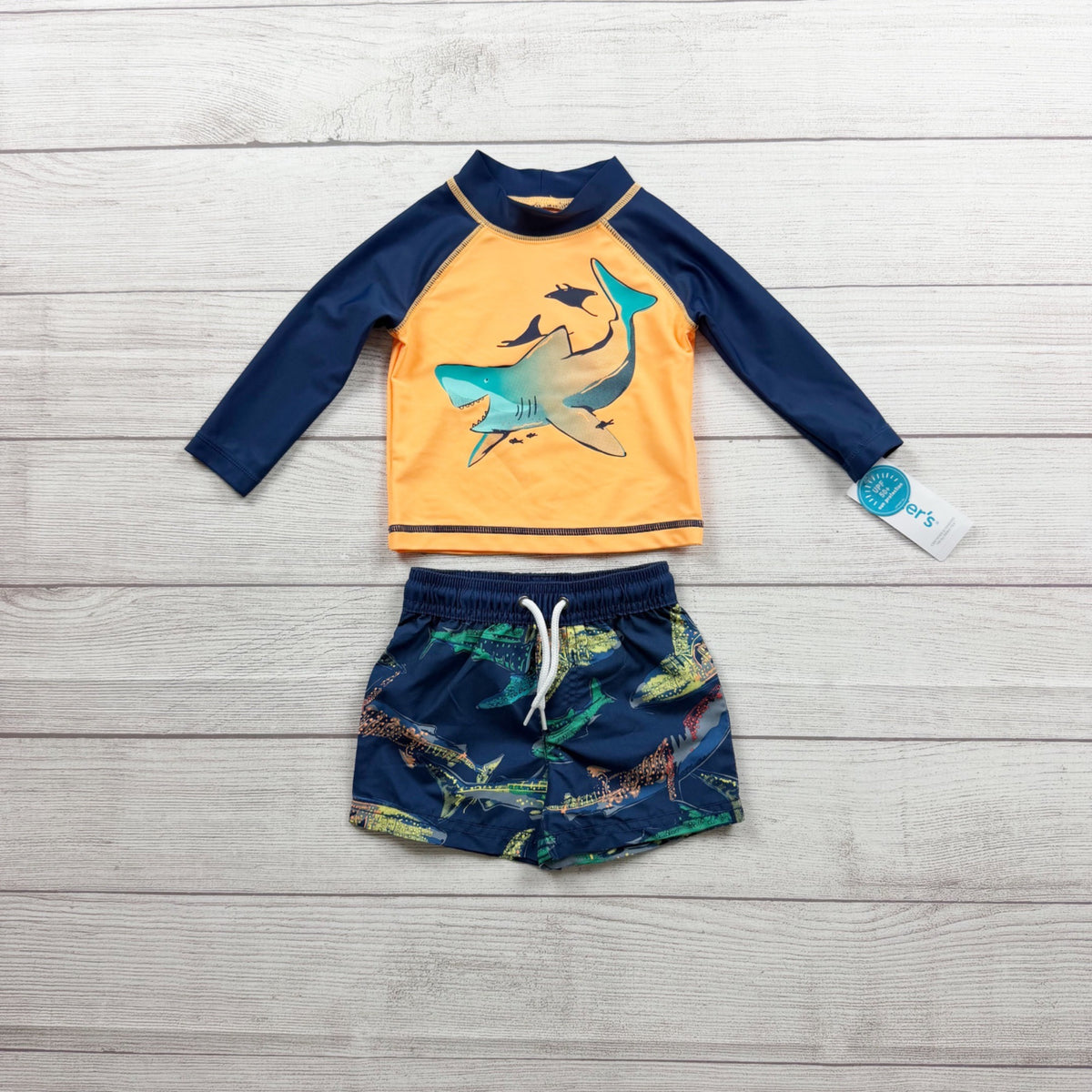 Carter's Shark Rash Guard Swim Trunk Set UPF 50+ Sun Protection NWT  3-6 Months