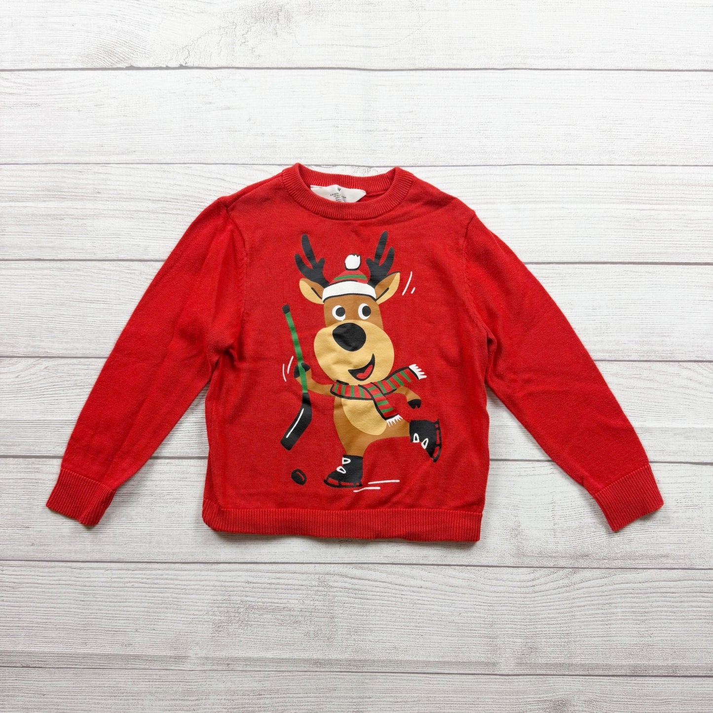 H&M Kids Holiday Reindeer Graphic Red Long Sleeve Crewneck Sweatshirt 5-6