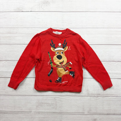 H&M Kids Holiday Reindeer Graphic Red Long Sleeve Crewneck Sweatshirt 5-6