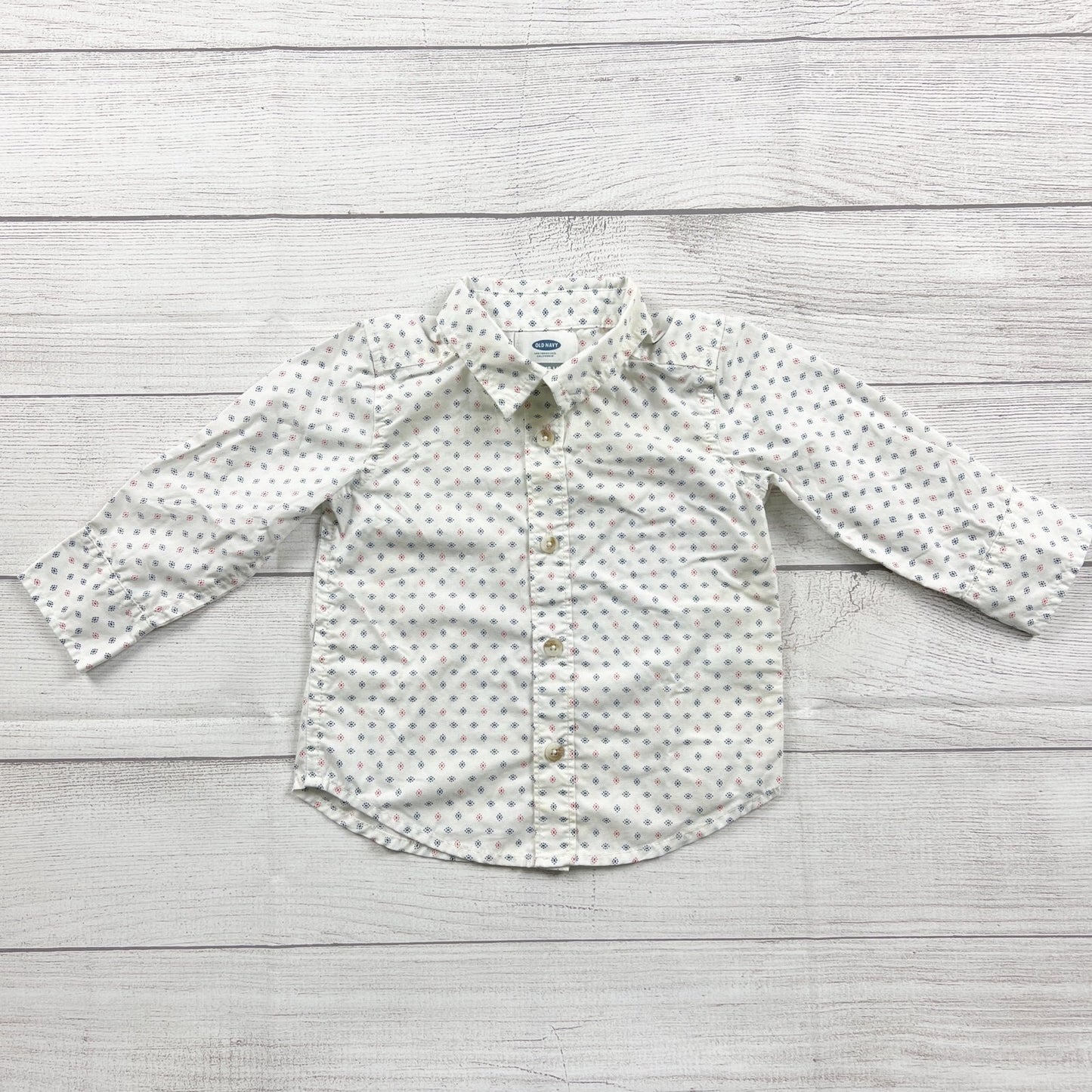 Old Navy Baby Boys White Button Up Shirt Dot Pattern Long Sleeve 12-18 Months