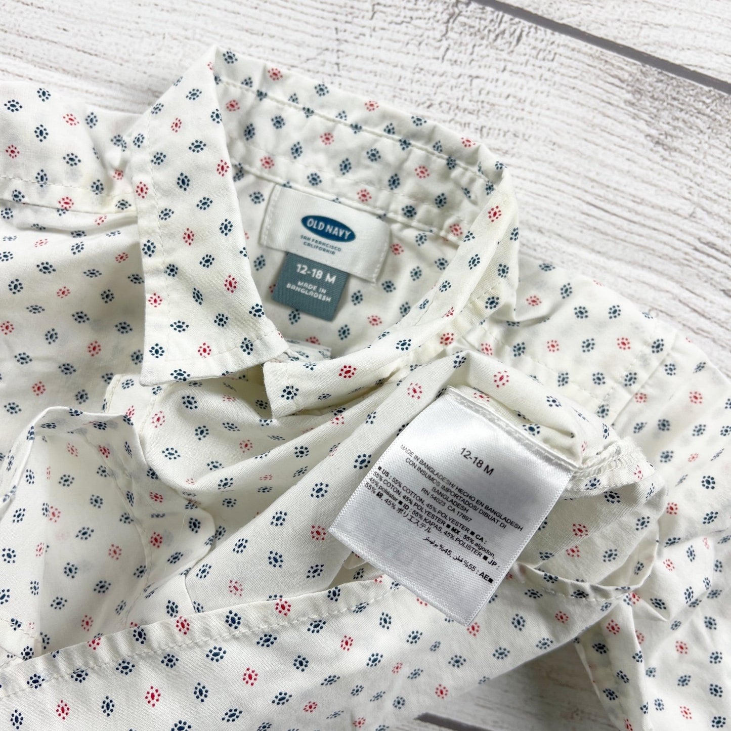 Old Navy Baby Boys White Button Up Shirt Dot Pattern Long Sleeve 12-18 Months