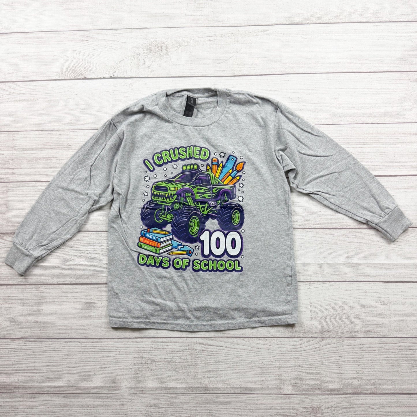 Gildan Long Sleeve "I Crushed 100 Days Of School" Monster Truck Shirt Gray S