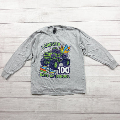 Gildan Long Sleeve "I Crushed 100 Days Of School" Monster Truck Shirt Gray S