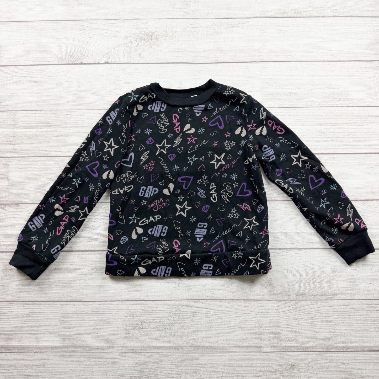 Gap Kids Black Crewneck Long Sleeve Graphic Sweatshirt With Stars Hearts M 8
