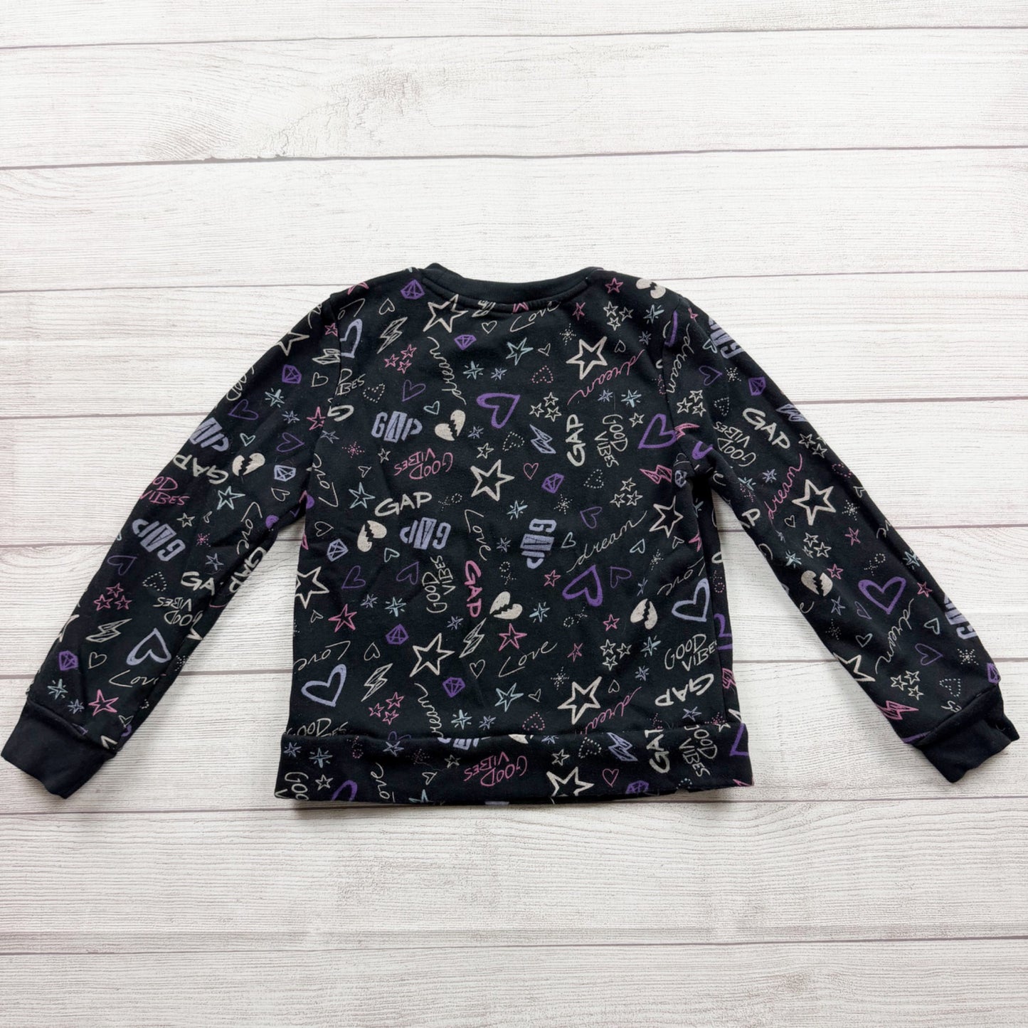 Gap Kids Black Crewneck Long Sleeve Graphic Sweatshirt With Stars Hearts M 8