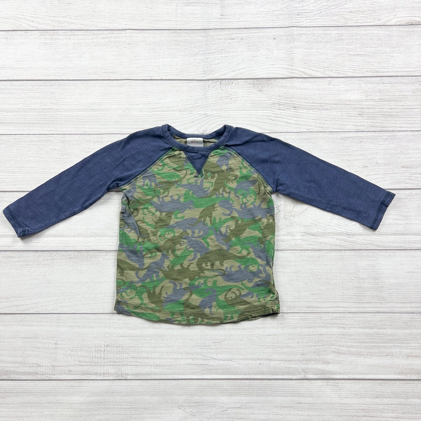 Hanna Andersson Boys Green Blue Camo Dinosaur Raglan Long Sleeve Shirt 3T