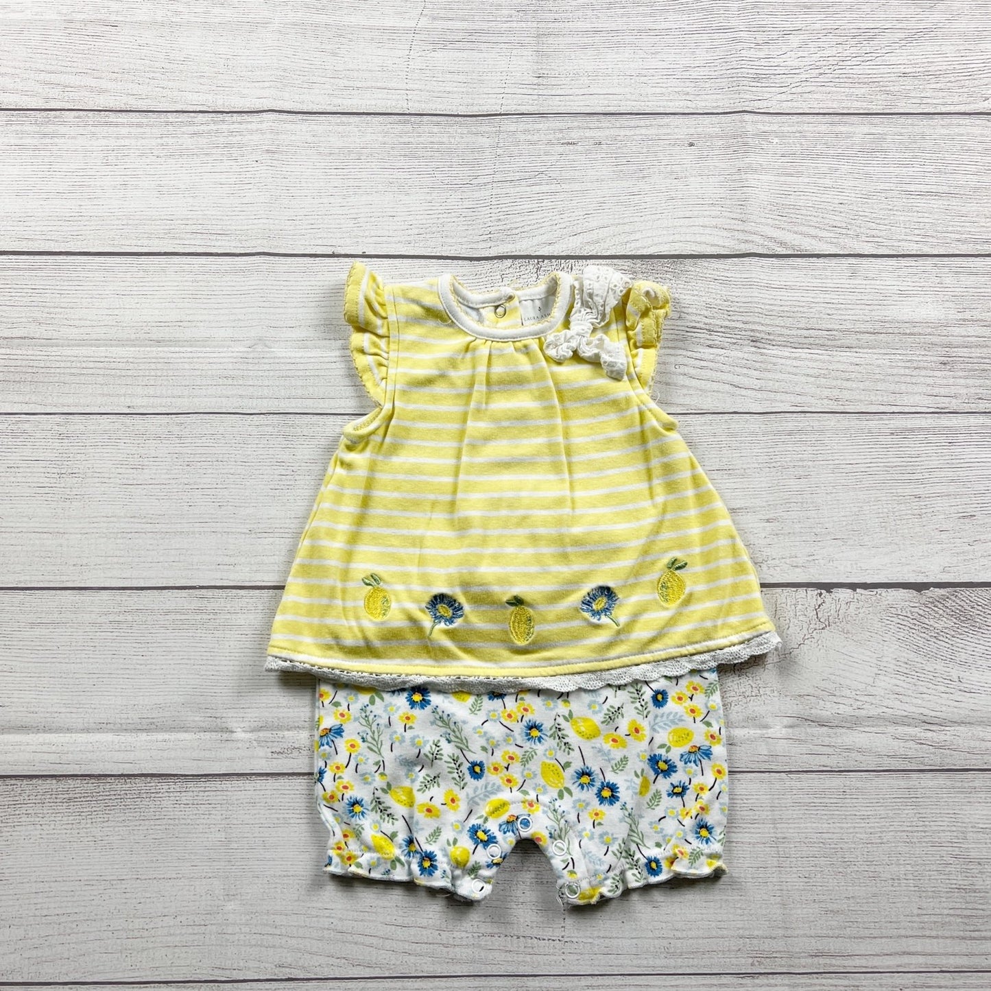 Laura Ashley Baby Romper Stripe Top Floral Shorts One Piece Outfit 6-9 Months