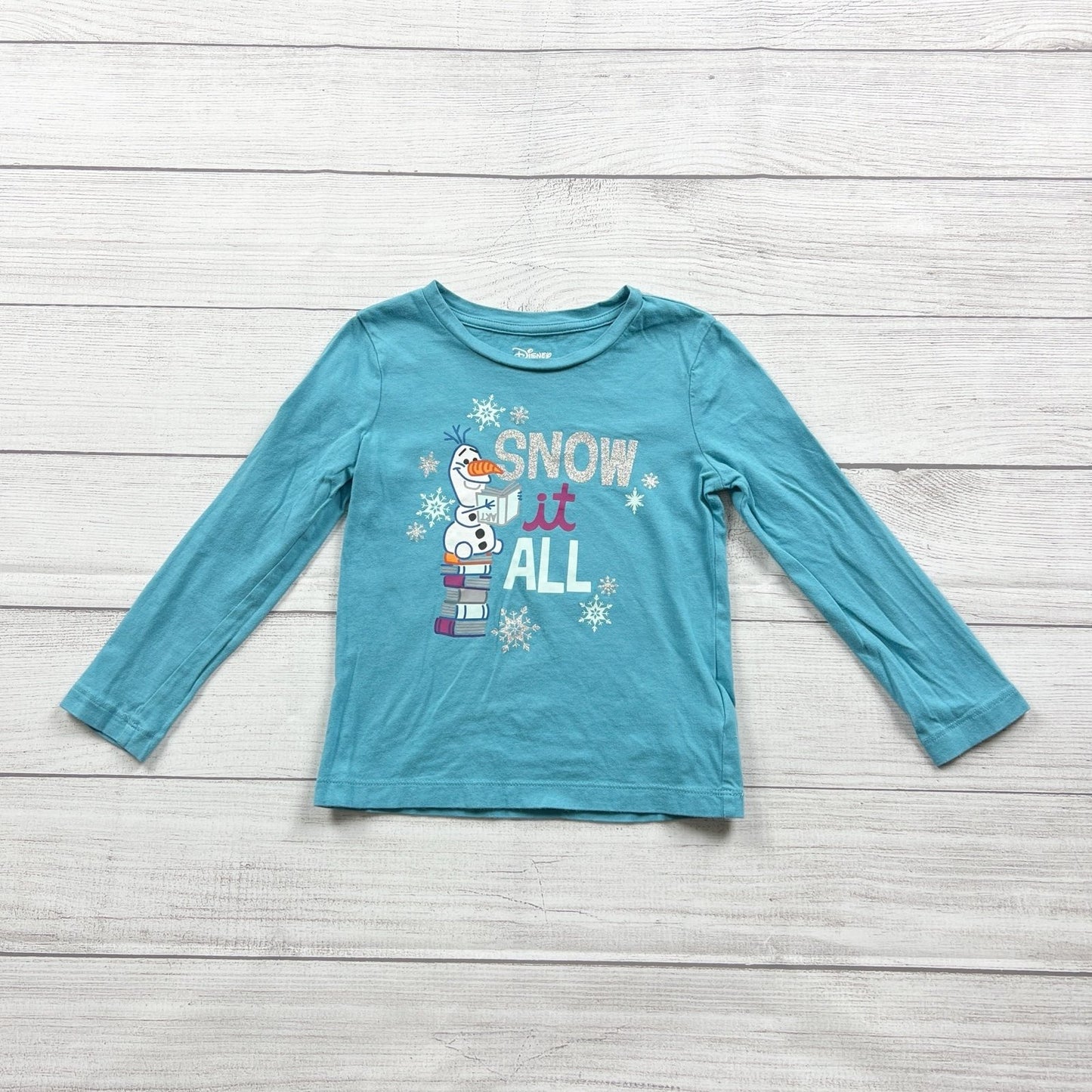 Disney Frozen Olaf Girls Long Sleeve Shirt Teal “Snow It All” Graphic Tee XS 4-5