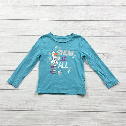 Disney Frozen Olaf Girls Long Sleeve Shirt Teal “Snow It All” Graphic Tee XS 4-5